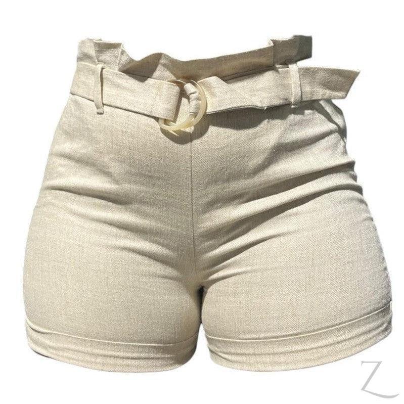 Buy-Ladies High Waist Paper Bag Linen Shorts | "Oola" - B Grade-Sandstone-26-Online-in South Africa-on Zalemart