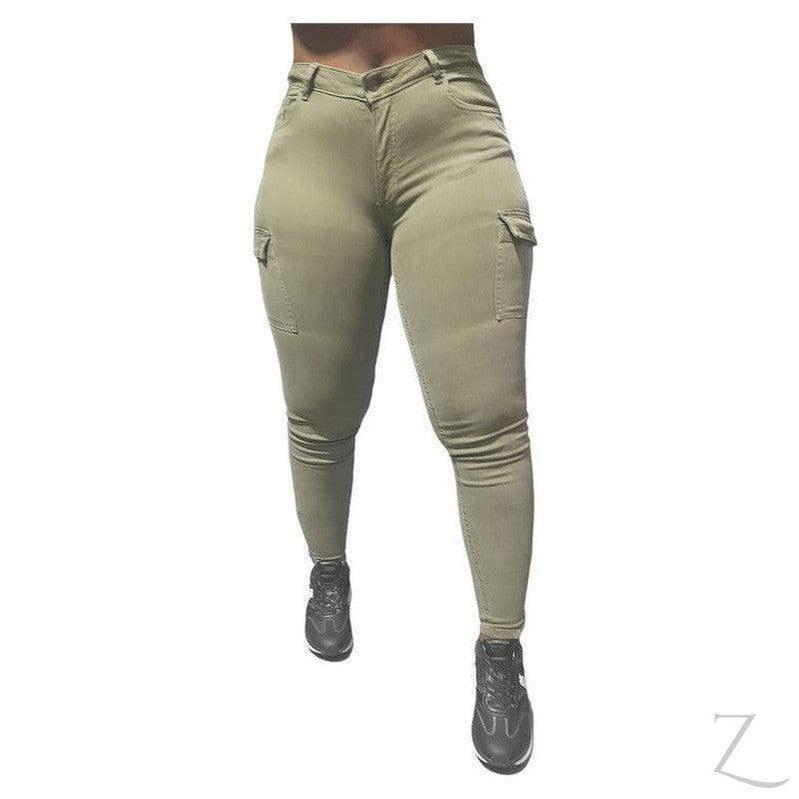 Buy-Ladies High Waist Super Skinny Strong Stretchy Cargo Pants | Zip Detail | "Oola" - B Grade-Olive Green-28-Online-in South Africa-on Zalemart