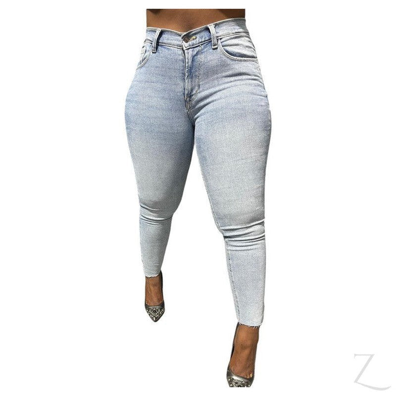 Buy-Ladies Super Strong Stretchy Skinny Plain Denim Jeans | Slit Cropped Hem | "Barbie"-Online-in South Africa-on Zalemart