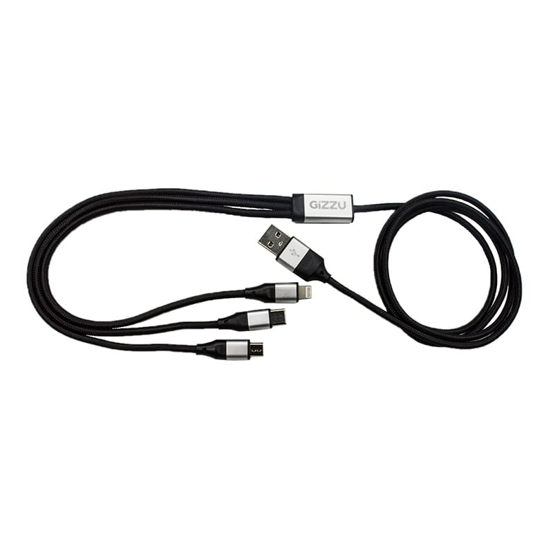 Gizzu 3 in 1 USB to Micro USB/Type-C/Lightning 1.2m Cable - Black