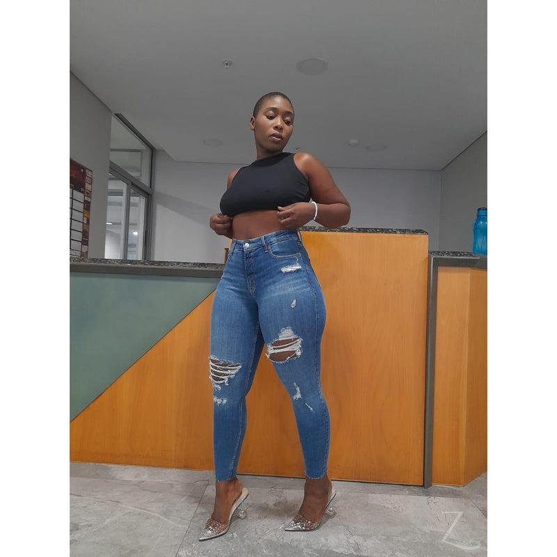 Buy-Ladies Extra High Waist Super Stretchy Super Skinny Strong Denim Jeans | Ripped | "Samina" - B Grade-Online-in South Africa-on Zalemart