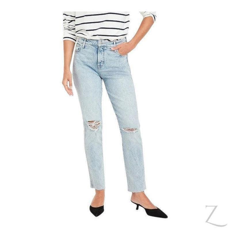 Buy-Ladies High Rise Super Strong Slightly Stretchy Slim Fit Denim Jeans With Cropped Hem | Ripped | "Samina" - B Grade-Light Wash Blue-24-Regular-Online-in South Africa-on Zalemart