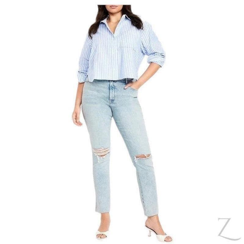 Buy-Ladies High Rise Super Strong Slightly Stretchy Slim Fit Denim Jeans With Cropped Hem | Ripped | "Samina" - B Grade-Online-in South Africa-on Zalemart