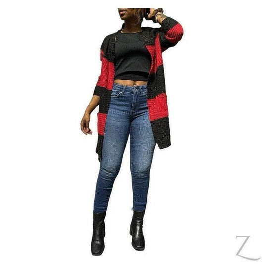 Buy-Ladies Open Front Woolly Cardigan | Long | "Zia" - B Grade-Black & Red-S-Online-in South Africa-on Zalemart