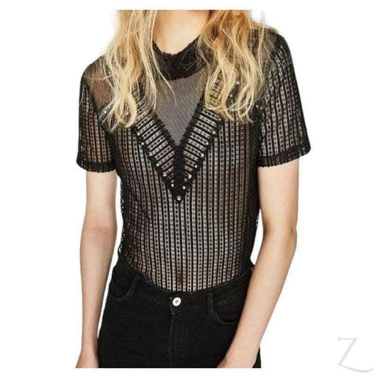 Buy-Ladies Studded Lace T-Shirt | Short Sleeve | "Zia" - B Grade-Black-S-Online-in South Africa-on Zalemart
