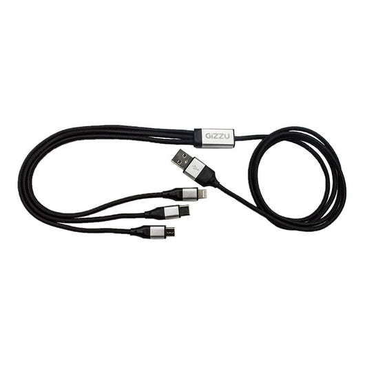 Gizzu 3 in 1 USB to Micro USB/Type-C/Lightning 1.2m Cable - Black